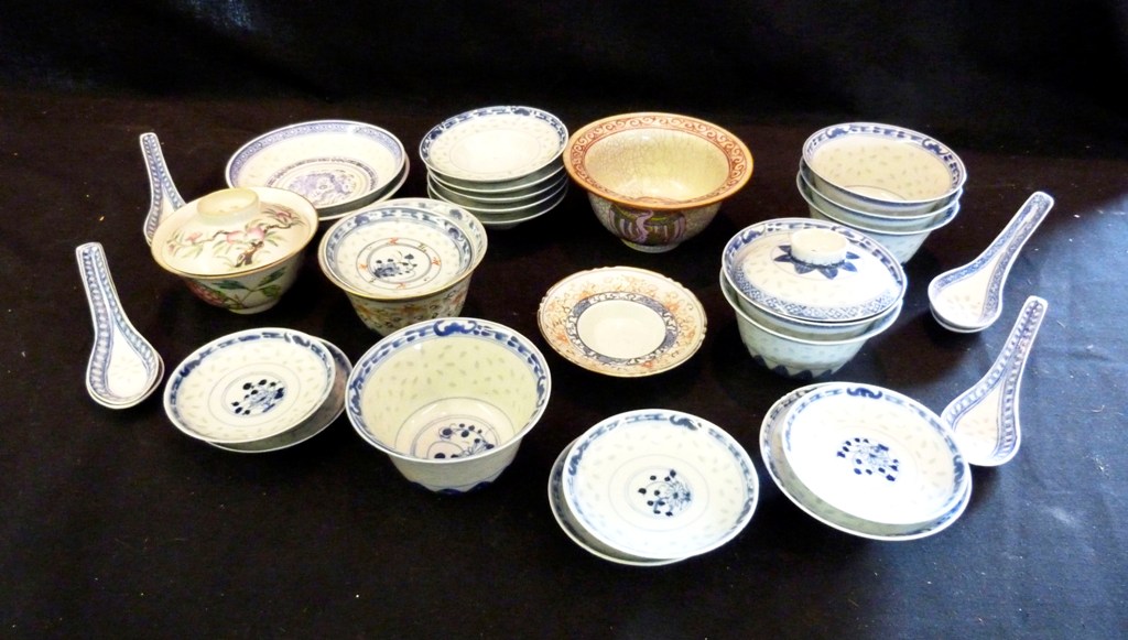 A Collection of Chinese Tea Bowls, together with a collection of glassware, mainly drinking glasses