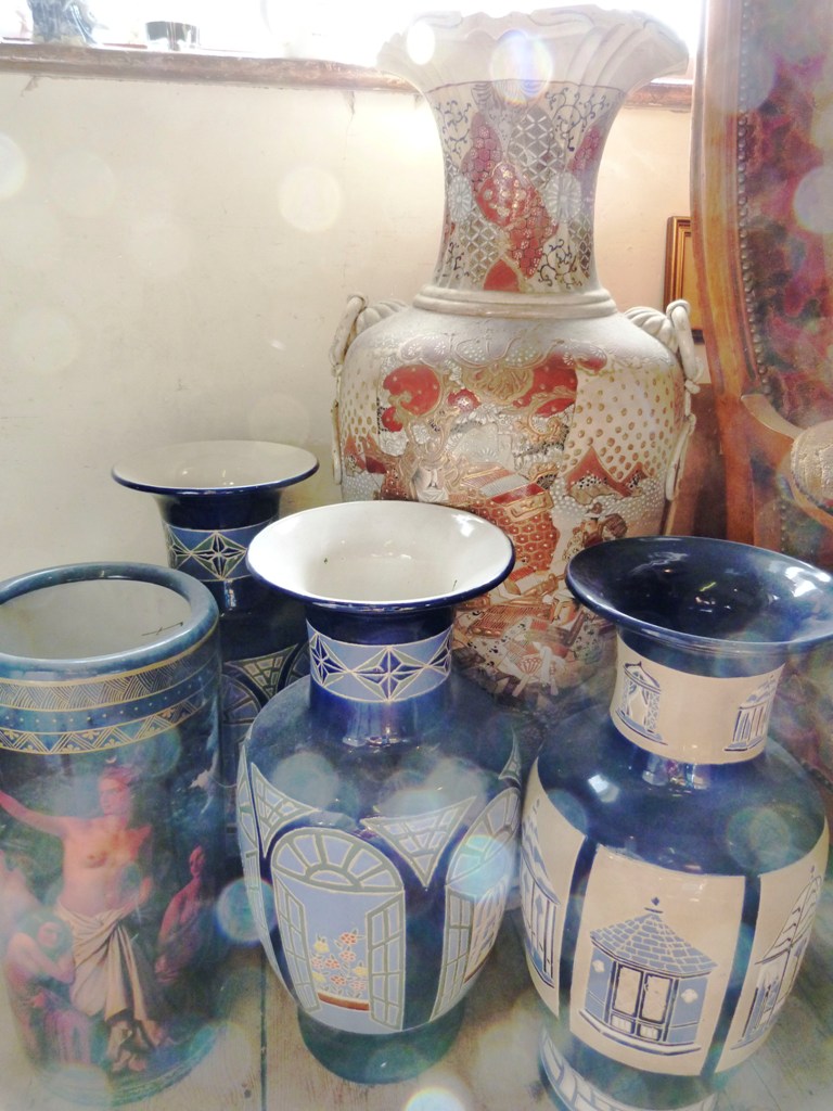 A Large Satsuma Earthenware Floor Vase, together with three Chinese vases and a printed stick stand