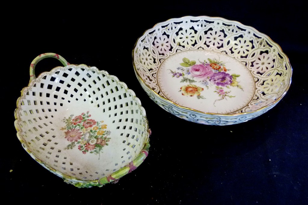 A Meissen Porcelain Basket, hand painted with summer flowers and highlighted with gilt, together