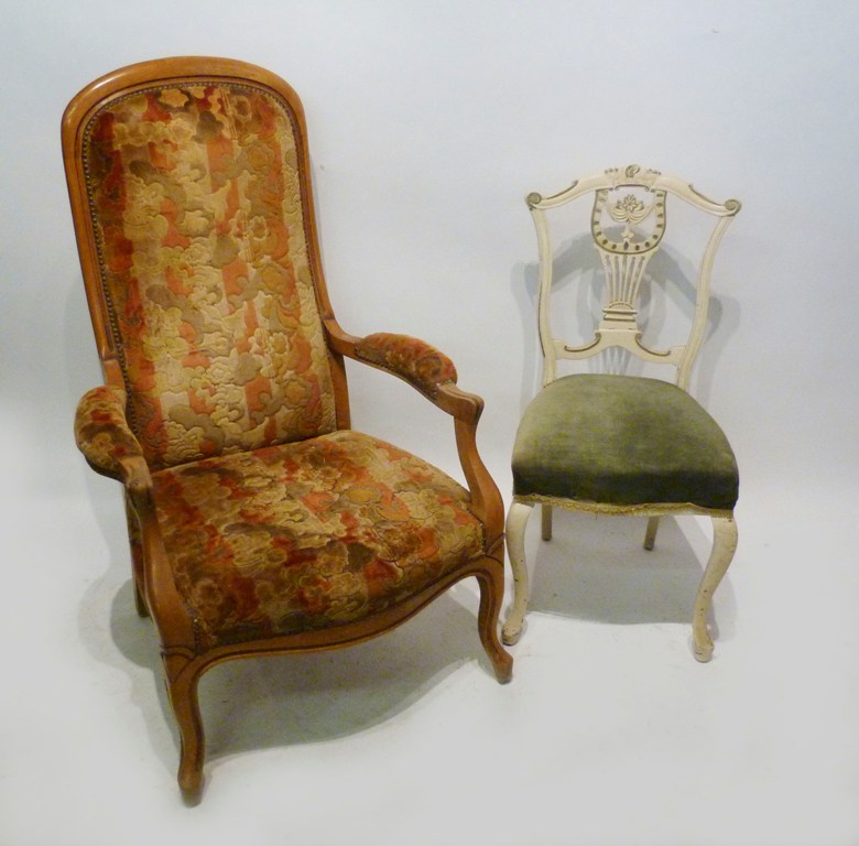 A Victorian Style Armchair, with scroll arms and cabriole legs, together with a white pained side