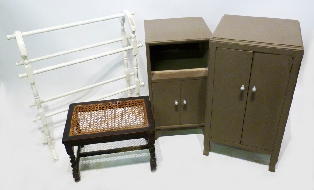 Two Painted Bedside Cabinets, together with a white painted towel rail and a cane top stool