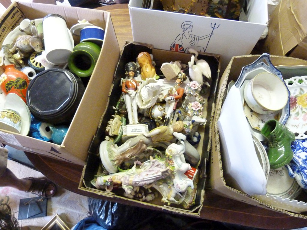 A Large Collection of Ceramics, within three boxes to include continental figures and other items