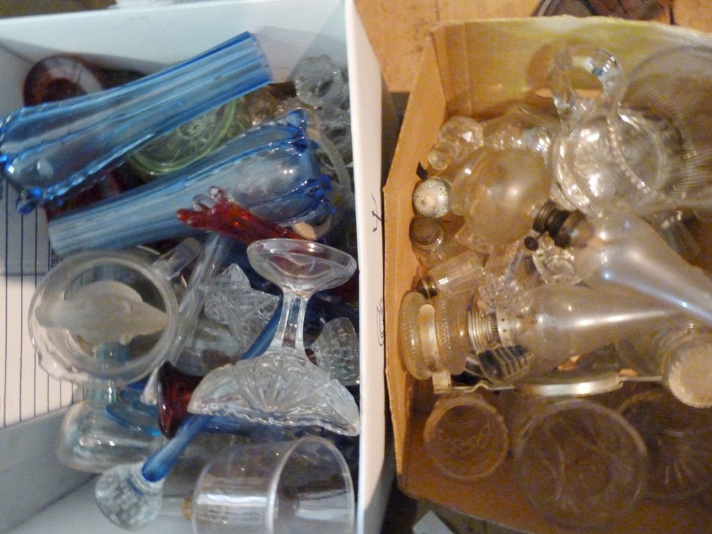 A Collection of Glassware within two boxes to include vases and other items