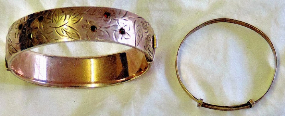 Silver Wrist Bangle  Hallmarked Birmingham 1973 with little garnets, and a silver Christening