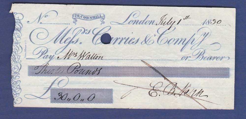 Great Britain 1830 Messrs Curries & Co.  Cornhill, London cheque to bearer, Blue on White.