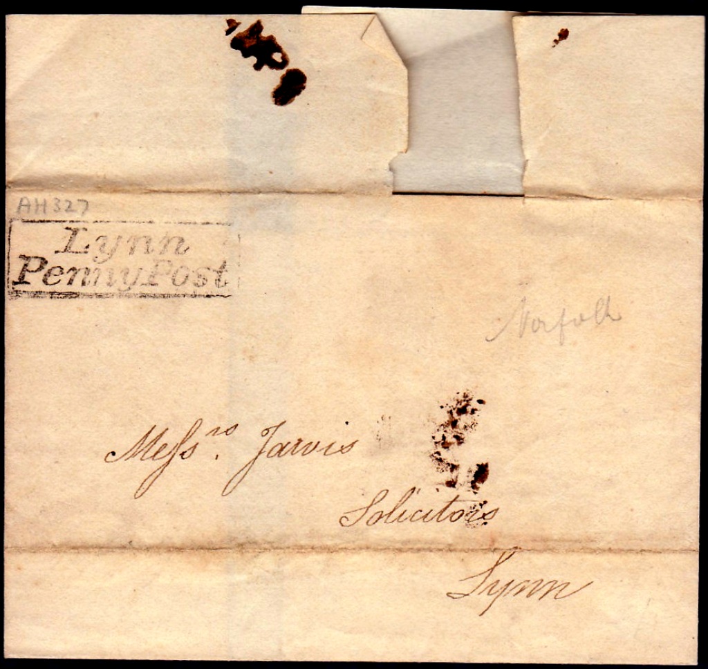 Norfolk Postal History - 1834 EL  Whissy to Lynn Willcocks NK259 XXX Lynn Penny Post No. 1 Rated D.