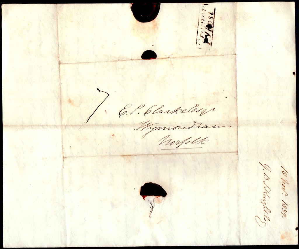 Norfolk Postal History - 1832  Runton/Wymondham Willcocks NK74 XXX Cromer by post Rated E.  Scarce.