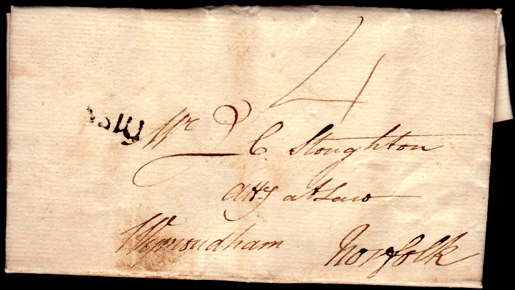 Norfolk Postal History - 1796 EL  Palgrave to Wymondham Willcocks 101 XX Diss 17x6 in Black Rated
