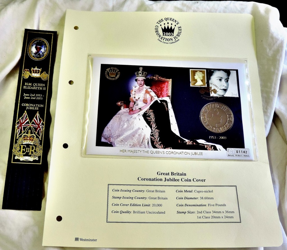 Great Britain  2003 (1st Jan)  Queens Coronation Jubilee with £5 coin, bookmark and Cover.