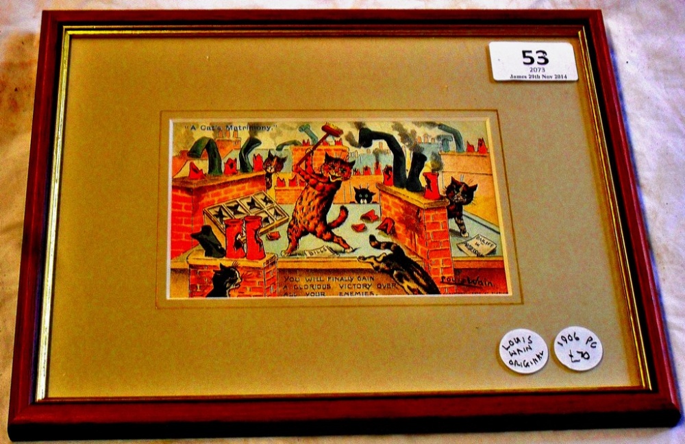 Original Louis Wain Framed Postcards - The cats matrimony 1906