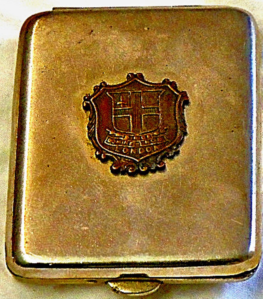 Vintage Vesta Case  Silver plate/ w/m with a bronze London coat of arms.