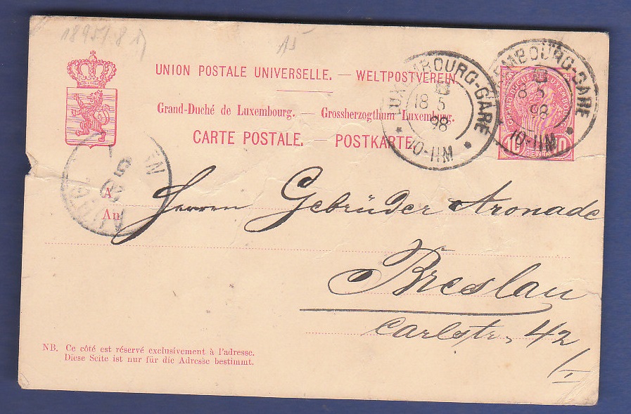 Foreign Postcards - Luxembourg 1898  10 Cents Postal Stationery Card used Luxembourg (Gare) to