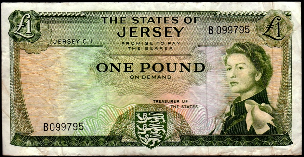 Jersey 1963 £1 Green  TDLR, without signature, P8C, VG, Serial No. B099795.