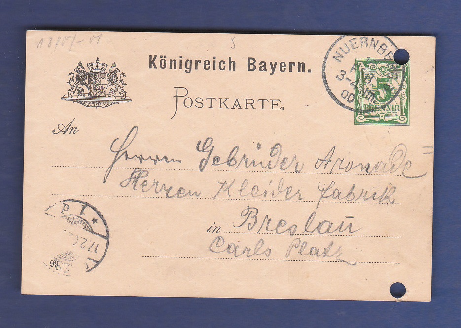 Germany 1900  5 PF Postal Stationery Card, used Nuernberg to Breslau.  Hole punched.