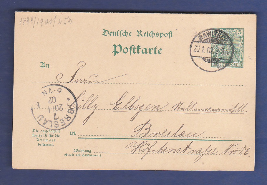 Germany 1902  5 PF Postal Stationery Card, used Rawitsch to Breslau.