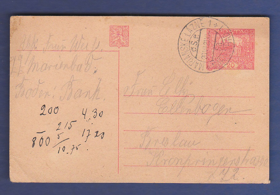 Czechoslovakia 1920  20 Filler Postal Stationery Card, used Marienbad to Breslau.