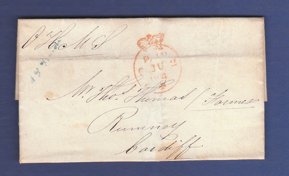 London/Wales - 1843 London/Cardiff Wrapper  Paid in Red with Crown.