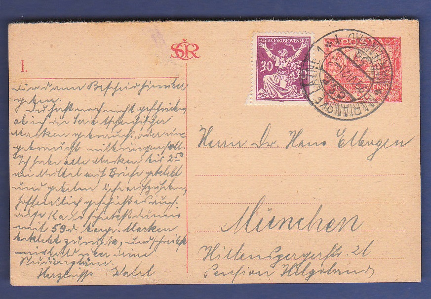 Czechoslovakia 1921  20 Filler Postal Stationery Card uprated 30 Filler adhesives, used Marienbad