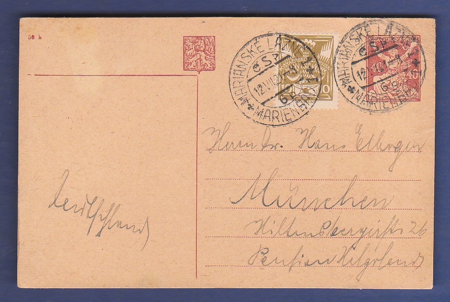 Czechoslovakia 1921  40 Filler Postal Stationery Card uprated 10 Filler adhesives, used Marienbad