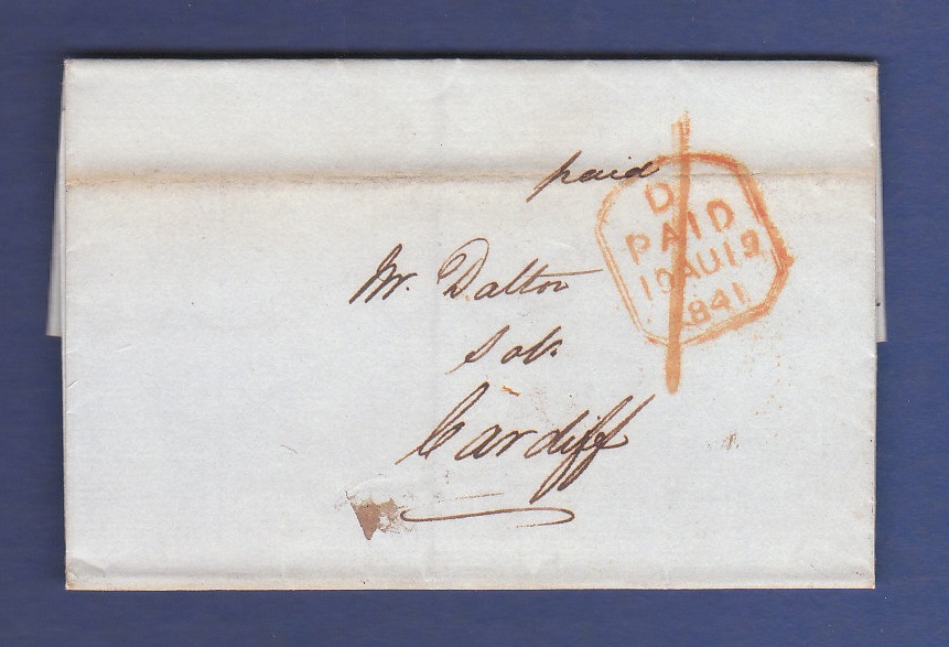 Wales - 1841 Wrapper to Cardiff  Red Tombstone Paid + Manuscript `1`.