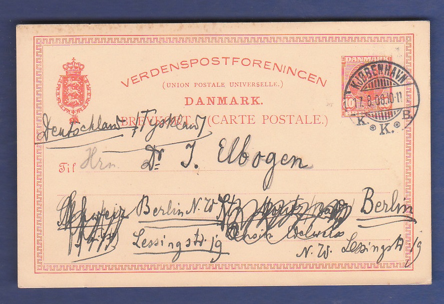 Denmark 1908  10 Ore Postal Stationery Card, used Kjobenhavn to Berlin.