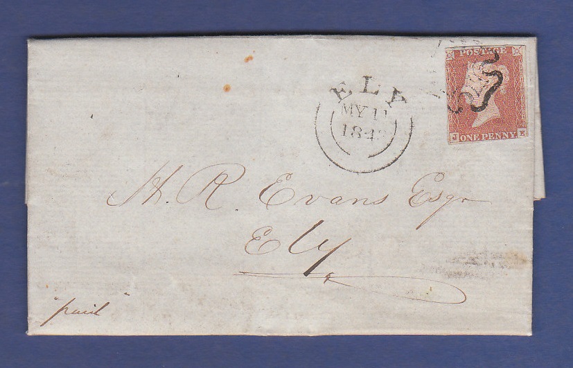 Cambridgeshire - 1843 EL Wisbech/Ely  Tied to Cover, with fine `Ely` and Black Maltese Cross on 1d.