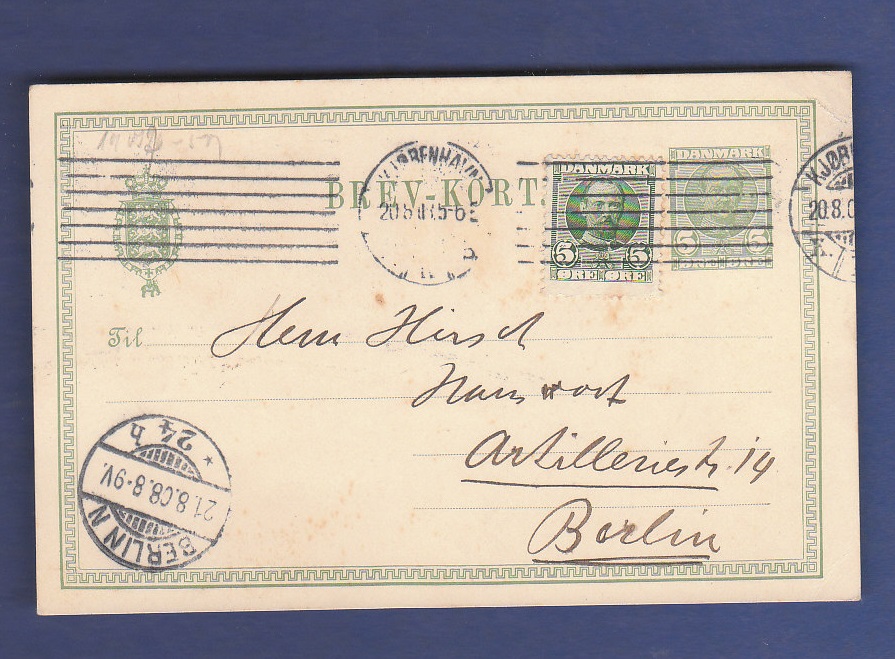 Denmark 1908  5 Ore Postal Stationery Card uprated 5 Ore adhesive, used Kjobenhavn to Berlin.