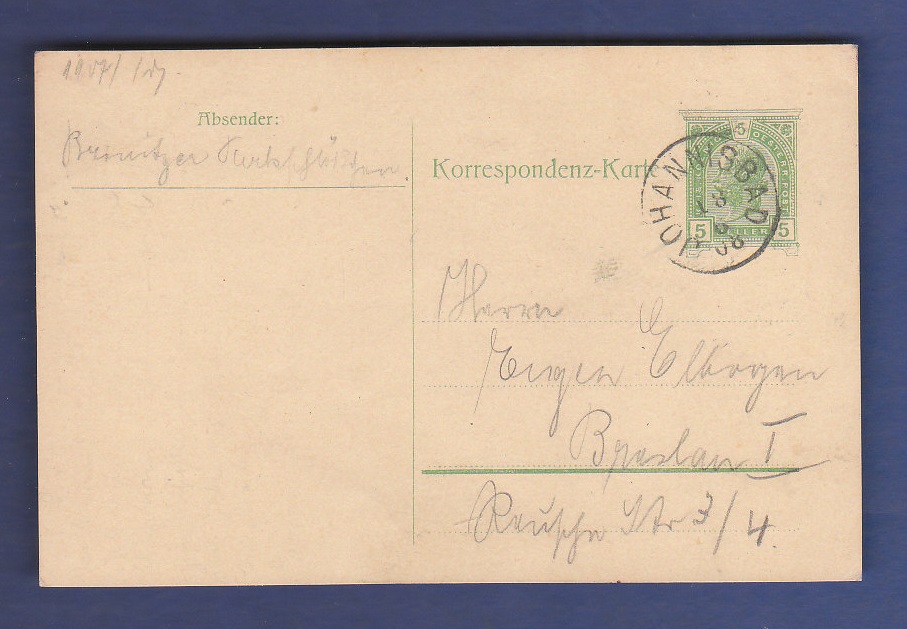 Austria 1908  5 Heller Postal Stationery Card, used Johannisbad to Breslau.