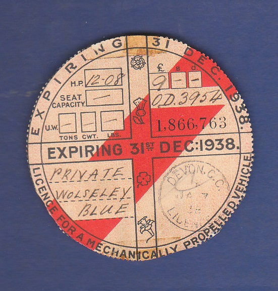 1938 31st December (Annual)  Worseley Blue 12.08 HP Reg. No. OD 3954, Licensed by: Devon CC Licence