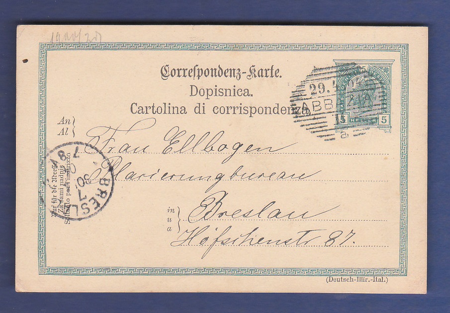 Austria 1904  5 Heller Postal Stationery Card, used Abbazia to Breslau.