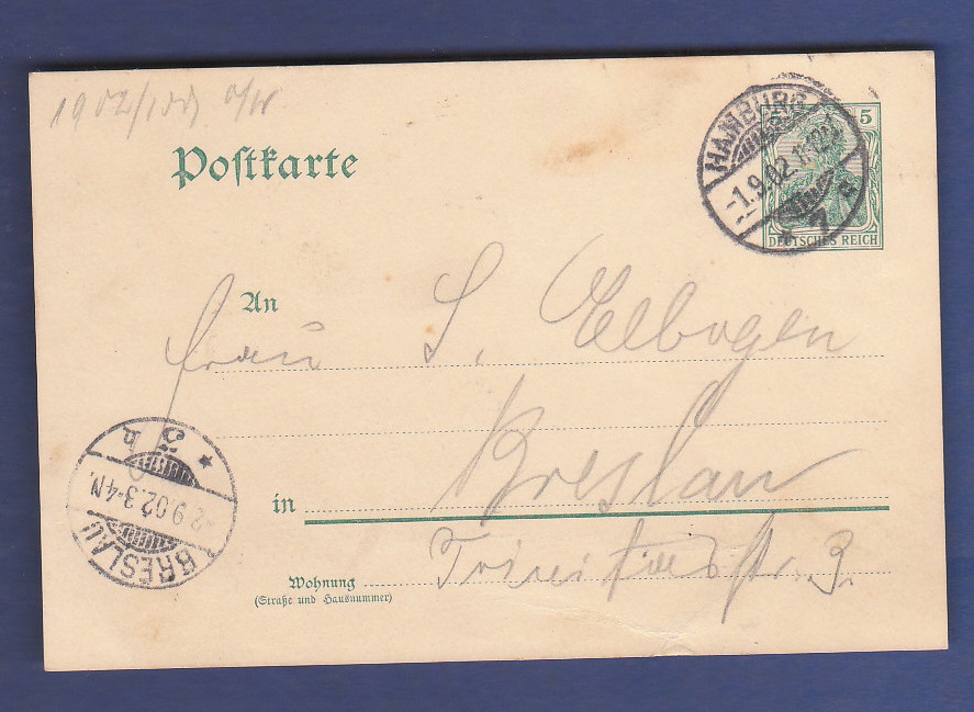 Germany 1902  5 PF Postal Stationery Card, used Hamburg to Breslau.