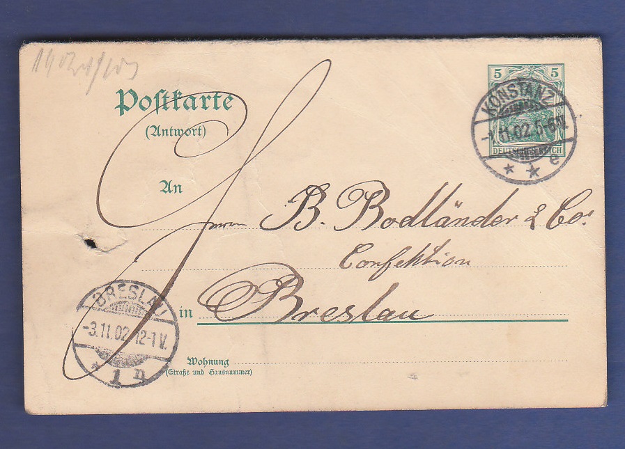 Germany 1902  5 PF Postal Stationery Card, used Konstanz to Breslau.