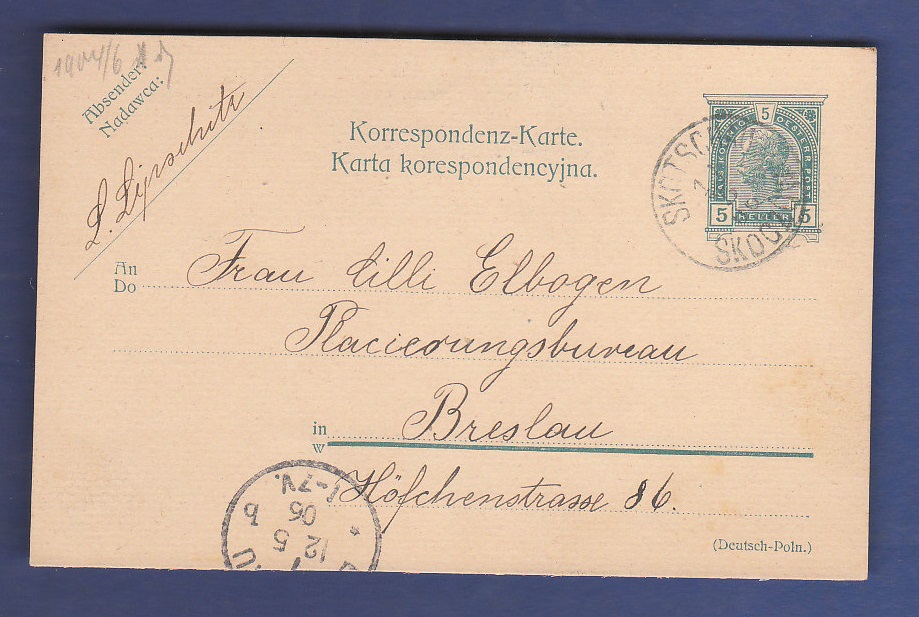 Austria 1906  5 Heller Postal Stationery Card, used Skotschan to Breslau.