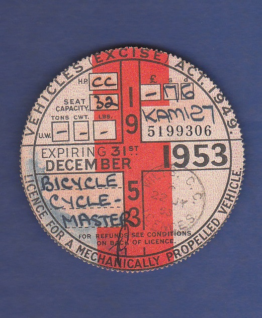 1953 31st December (Annual)  Cycle-Master Motorcycle Reg. No. KAM 127 Licensed by Wiltshire CC