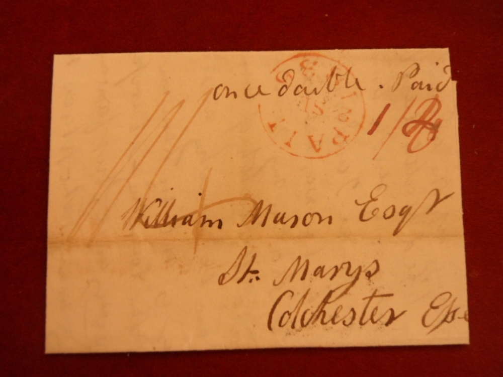 1836 Early Letter - London to Colchester ** Paid in red. ** Rectangular boxed Torrington Place in
