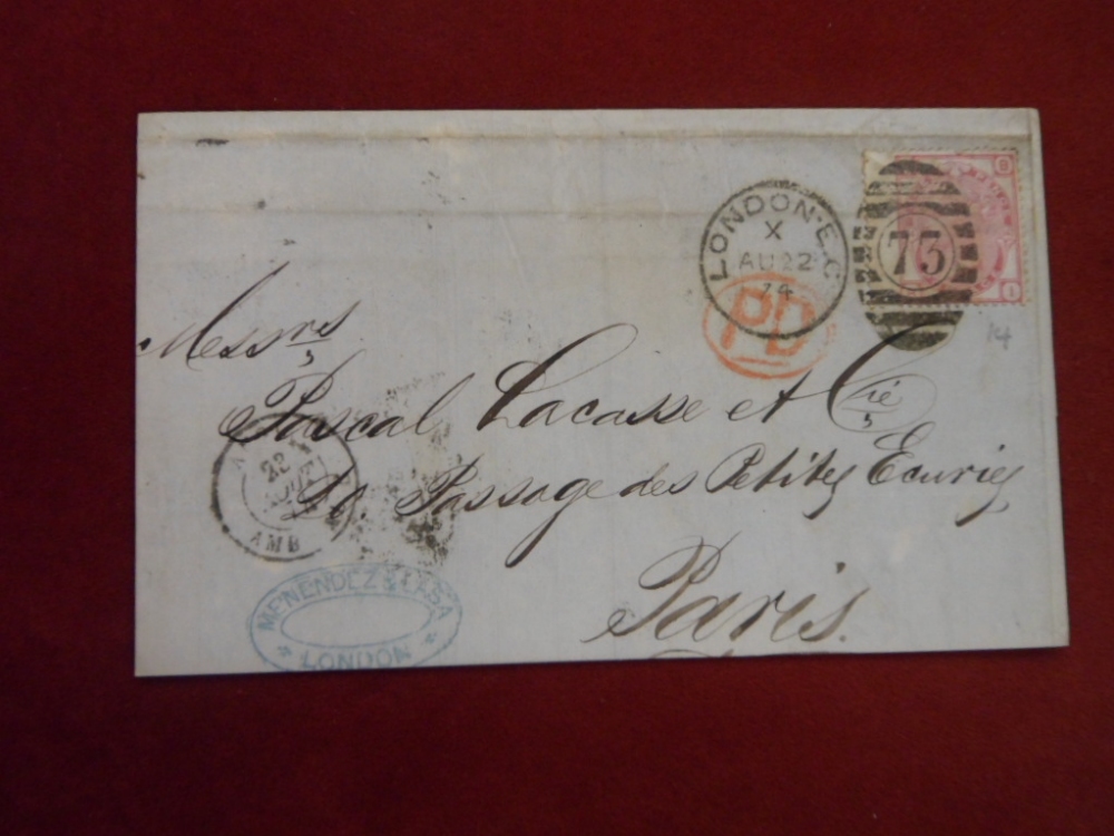 1874 3d Rose PL 14 on cover to Paris. SG 143. London 73 duplex