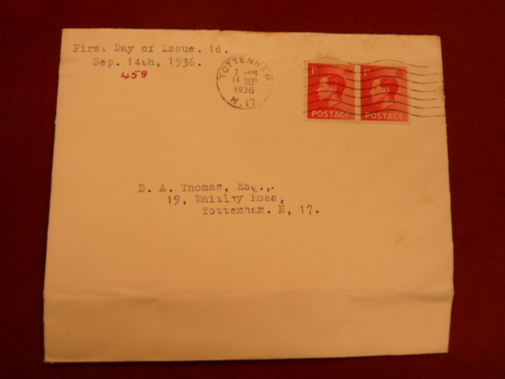 1936 1d Red FDI cover. Tottenham 14/9/36 Pair 1d. Very scarce. Cover has been folded