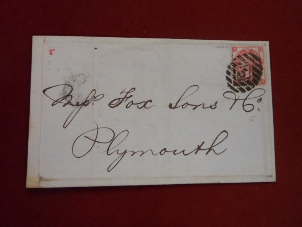 1868 3d Rose PL 5 on cover to Plymouth. SG 103. Heavy 5 duplex