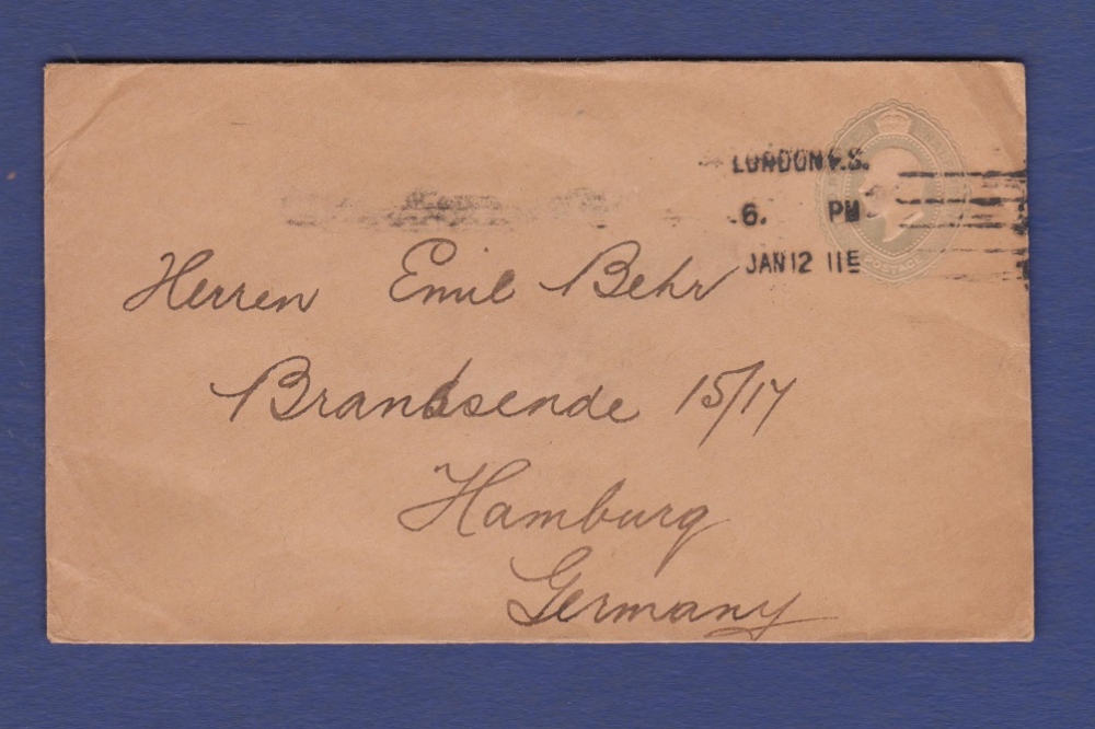 Great Britain 1911 King Edward VII 2½d prepaid envelope to Hamburg, roughly opened.