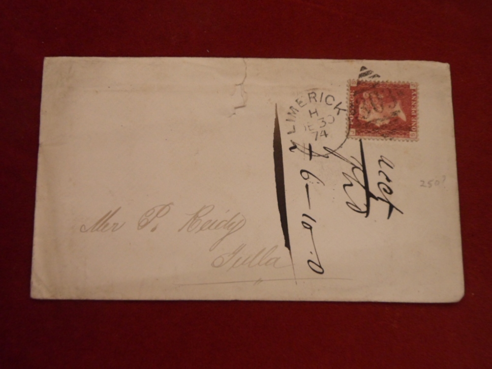 1874 1d Red on cover used to Ireland. SG 43 P150. With Limerick duplex