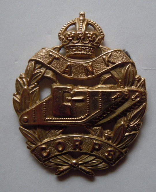 WWII Cap Badge - Tank Corp, Kings Crown, brass. (1912-1923).  K+K 1156.