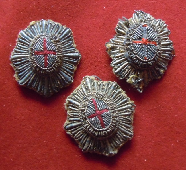 Guards Officers Stars - (3) Woven silver wire, red cord cross.