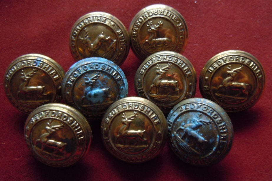 Bedfordshire & Hertfrodshire Regiment - Large brass buttons (9), some verdigris - uncleaned.