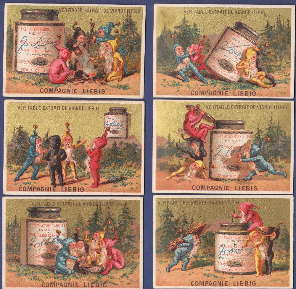 Liebig Gnomes in the woods 1878-83 set 6 fronts vg backs some pencil marks and tape S0089