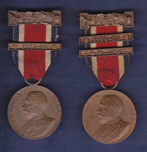 King`s Medal, London County Council (2)  Bronze + ribbon, 1 with one bar 1913-14, 1 with two bars