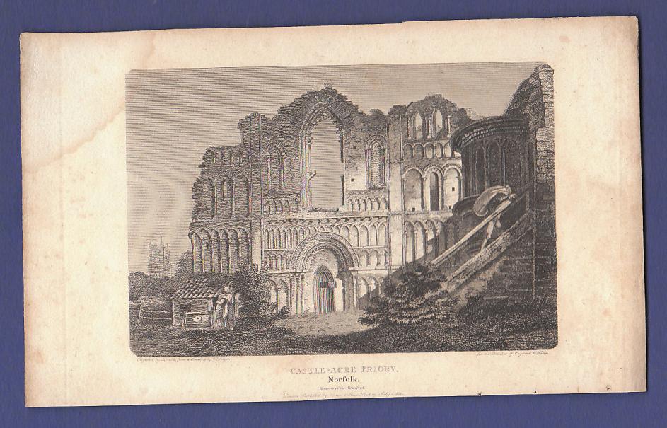 Ephemera - Norfolk - Castle Acre An antique print of lady feeding pigs outside the remnants of the