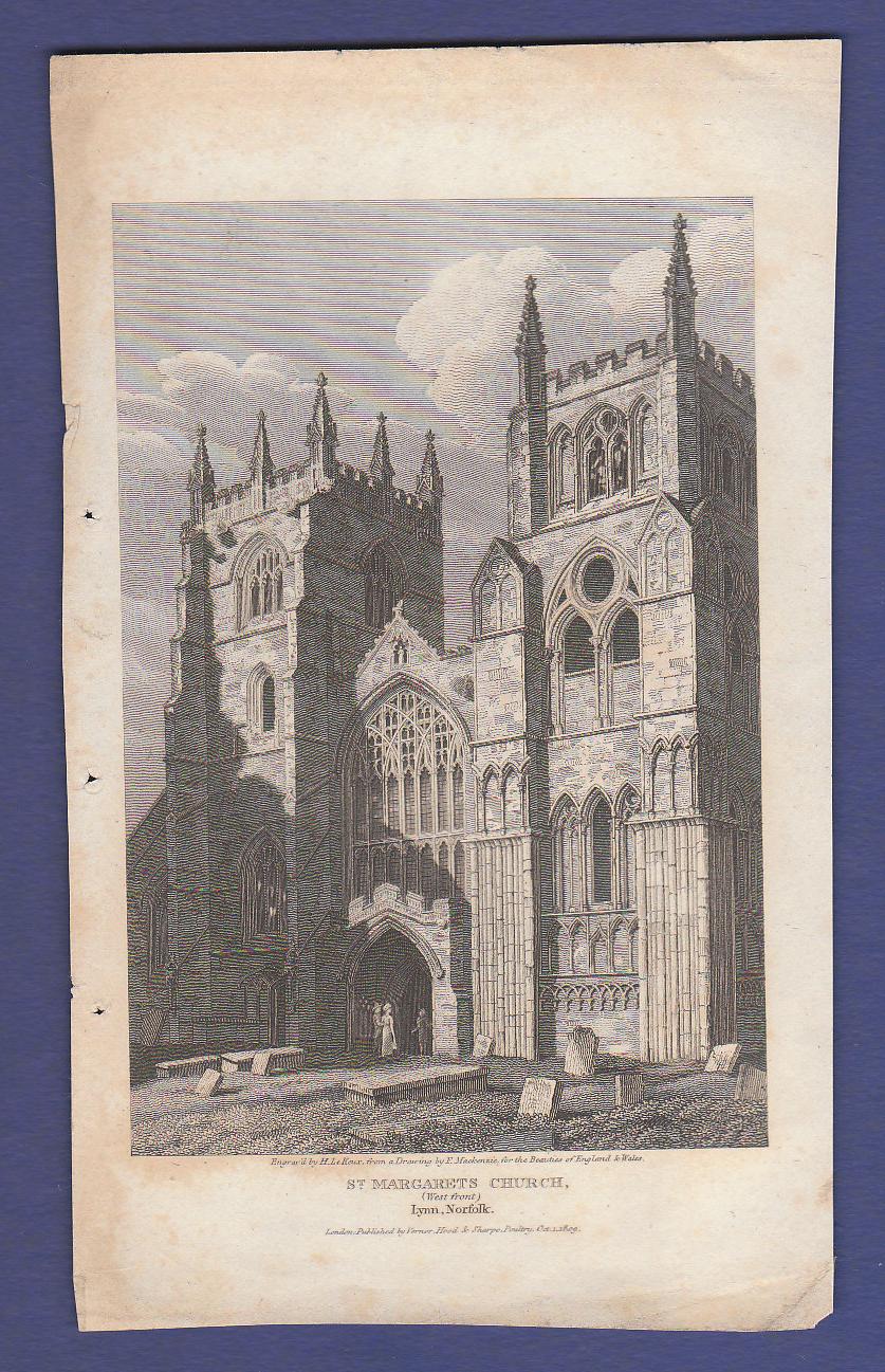 Ephemera - Norfolk - Lynn St. Margarets Church.  An antique print of West Front, engraved Le Keux,