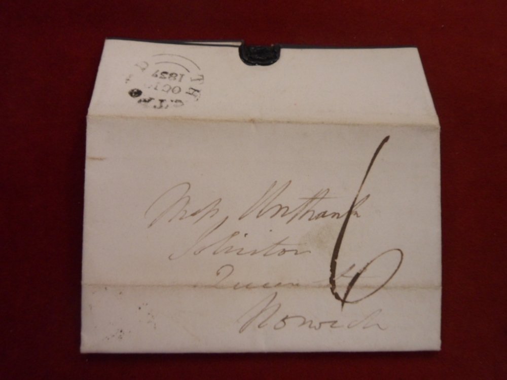 1837 Early Letter - Thetford to Norwich *** Thetford 27 in black