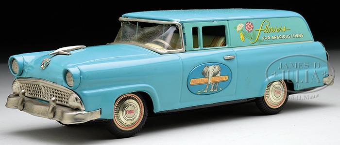 BANDAI 1955 FORD FLOWER CAR. All tin friction large sedan delivery Ford features graphics