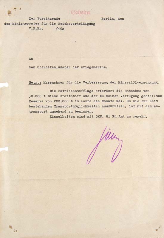 Nationalsozialismus - - Göring, Hermann. Brief mit eigenhändiger Unterschrift.   An den